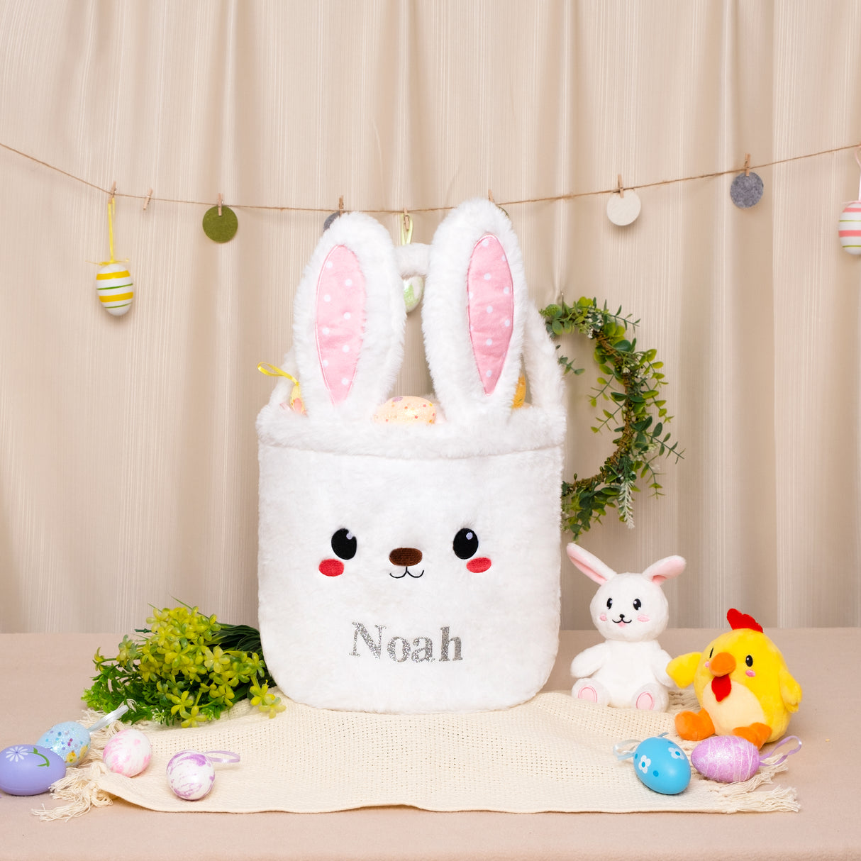 GEX Personalized Easter Bunny Basket Kids Cute Plush Bunny Basket with Name