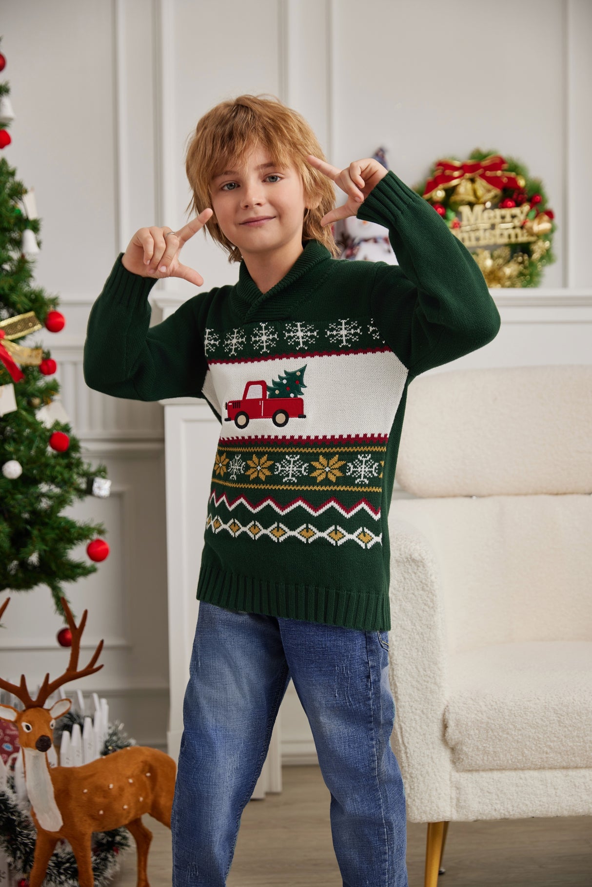 LUBOT 2024 Christmas Sweater for Children Green Car