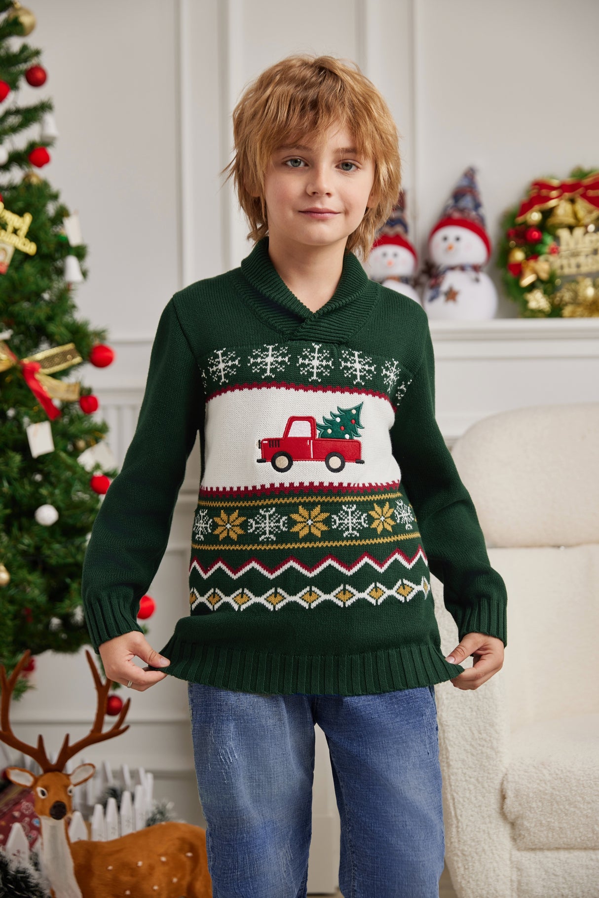 LUBOT 2024 Christmas Sweater for Children Green Car