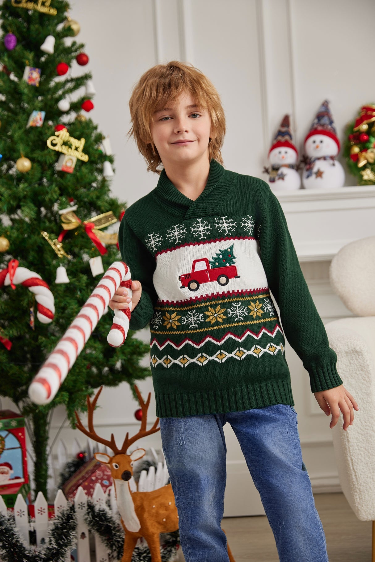 LUBOT 2024 Christmas Sweater for Children Green Car