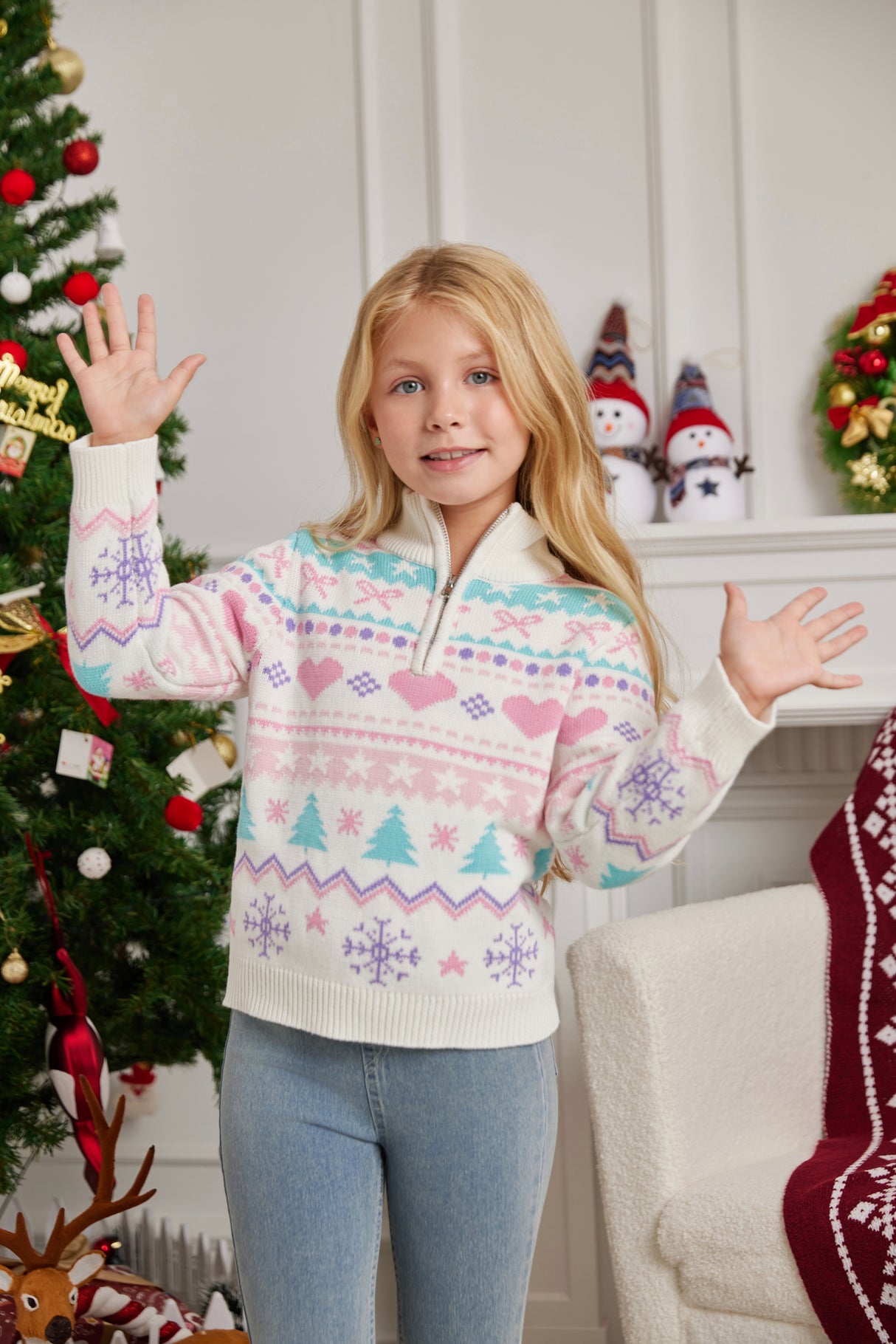 LUBOT 2024 Christmas Sweater for Children Pink Heart