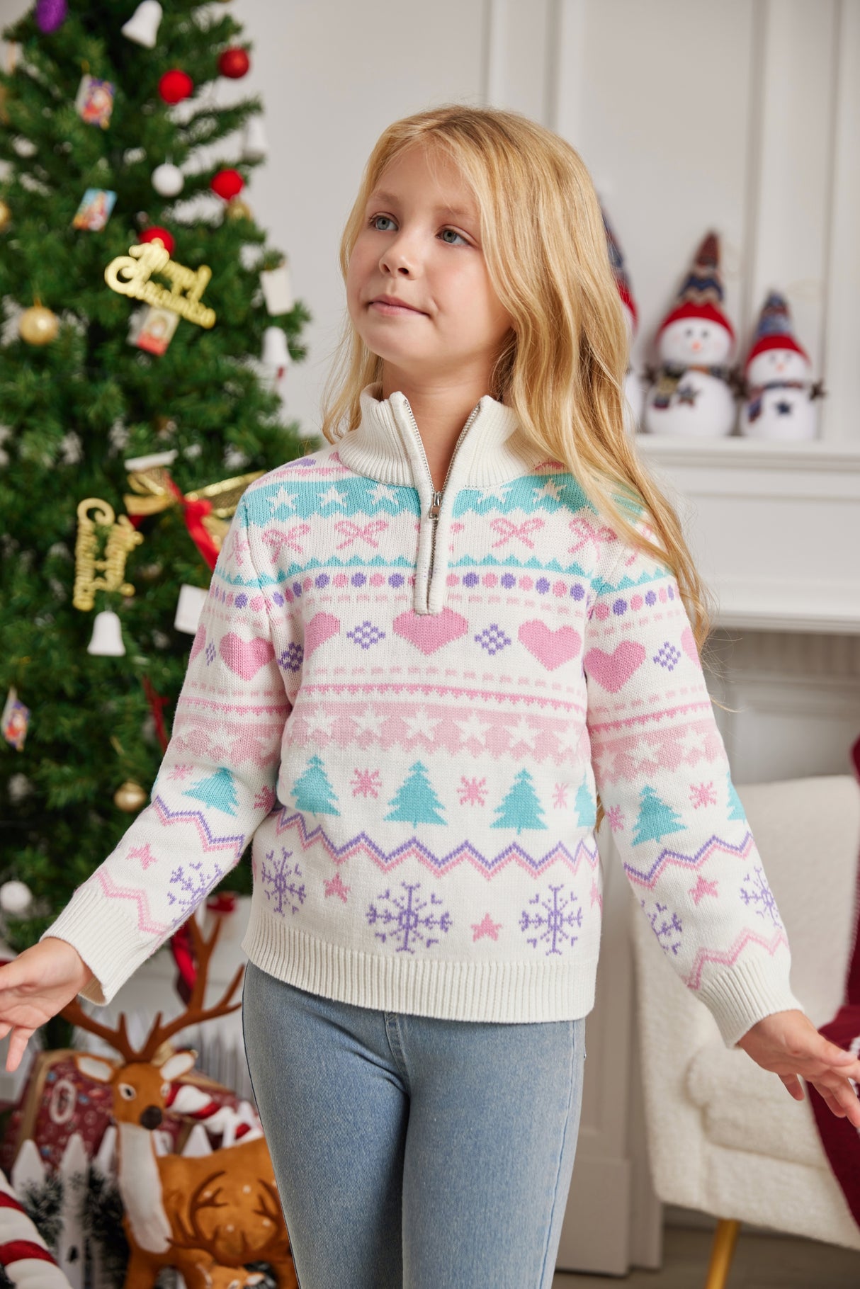 LUBOT 2024 Christmas Sweater for Children Pink Heart