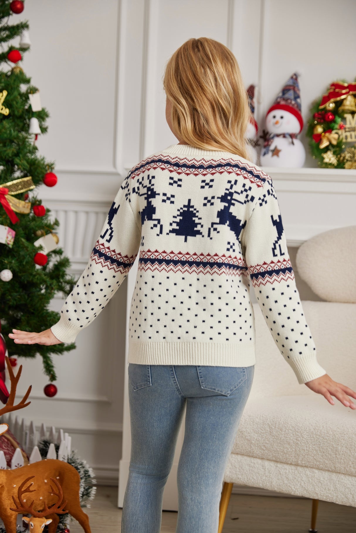 LUBOT 2024 Christmas Sweater for Children White Reindeer
