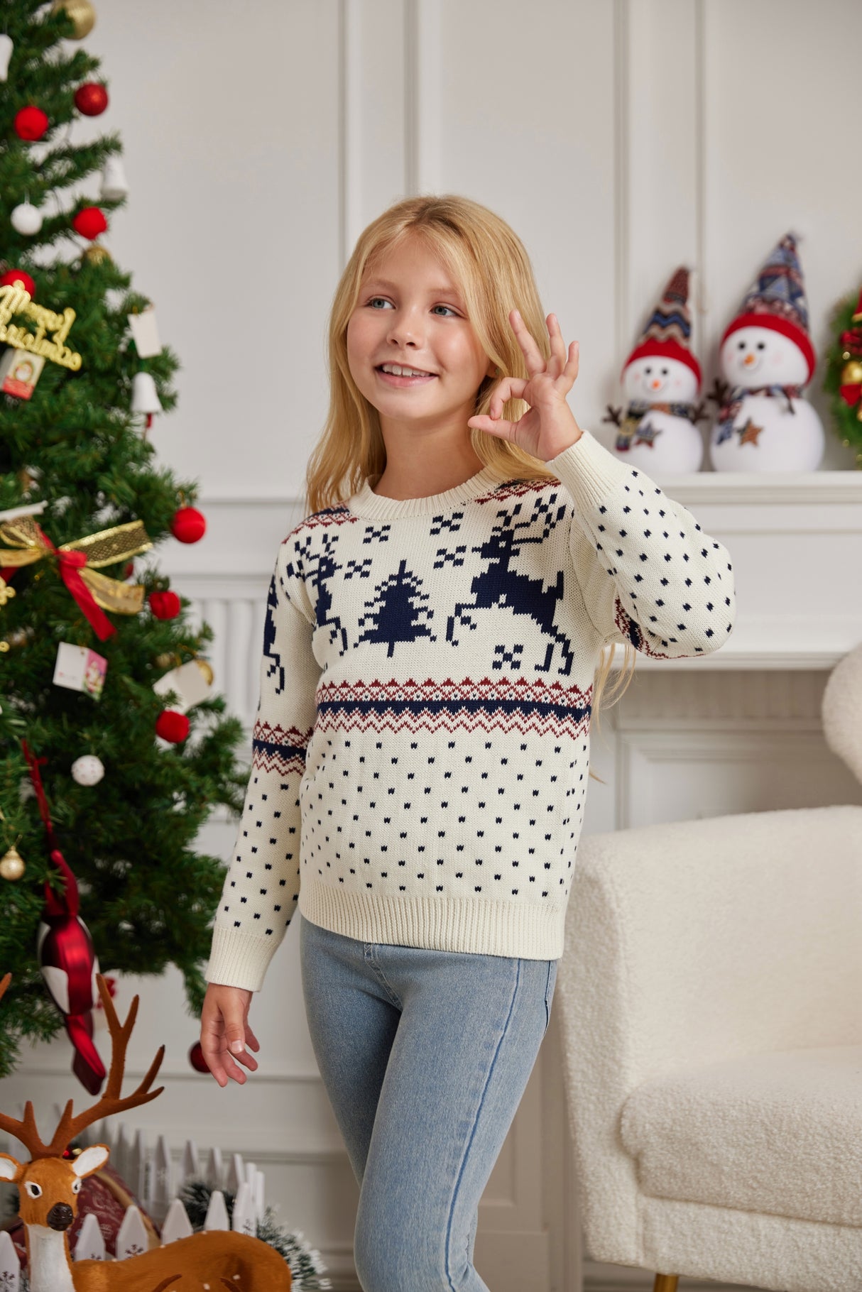 LUBOT 2024 Christmas Sweater for Children White Reindeer