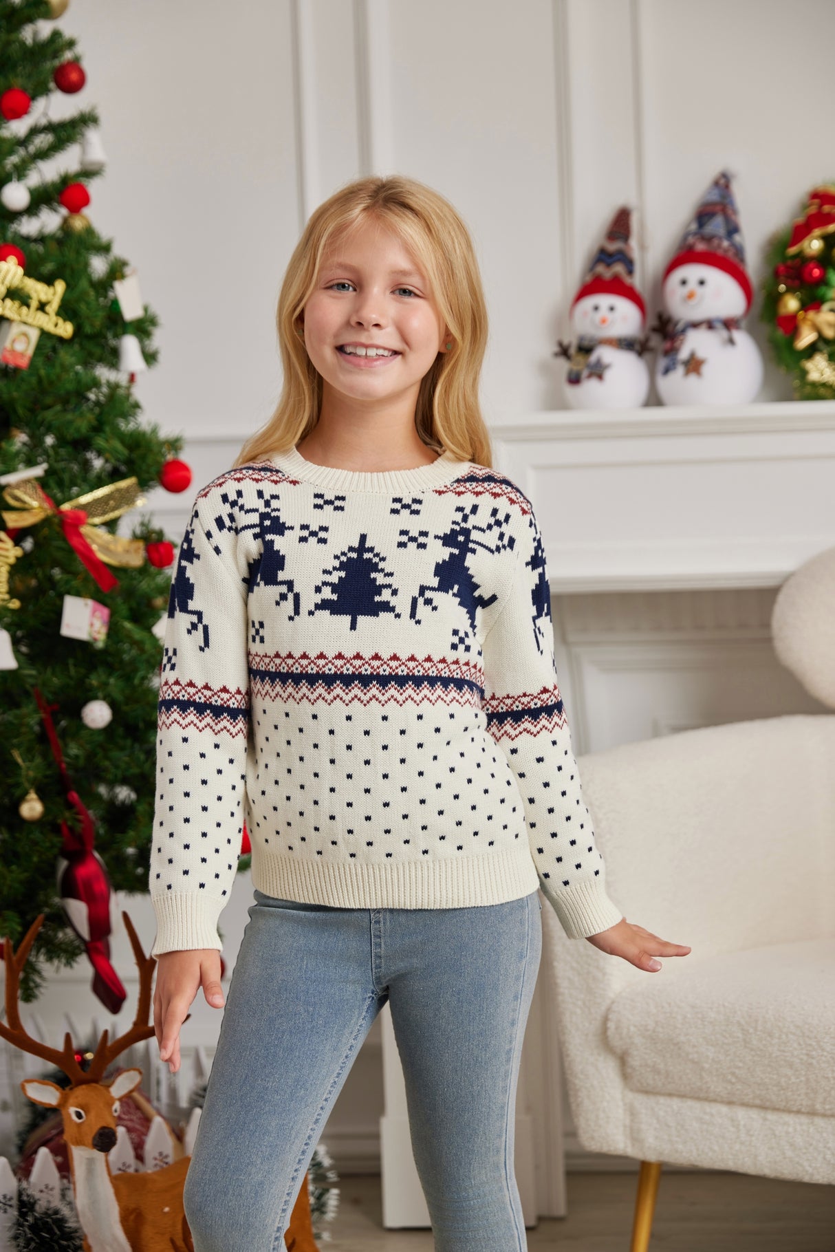 LUBOT 2024 Christmas Sweater for Children White Reindeer