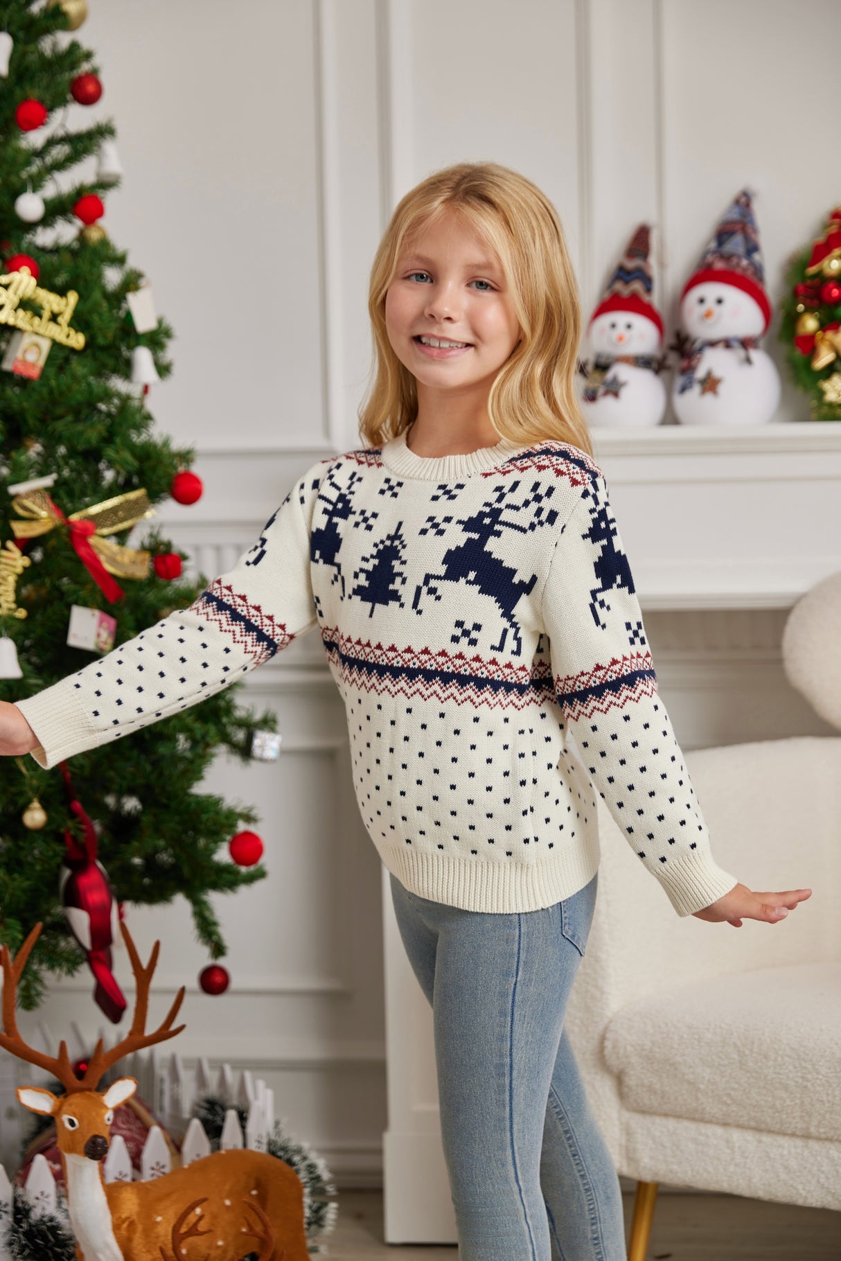 LUBOT 2024 Christmas Sweater for Children White Reindeer