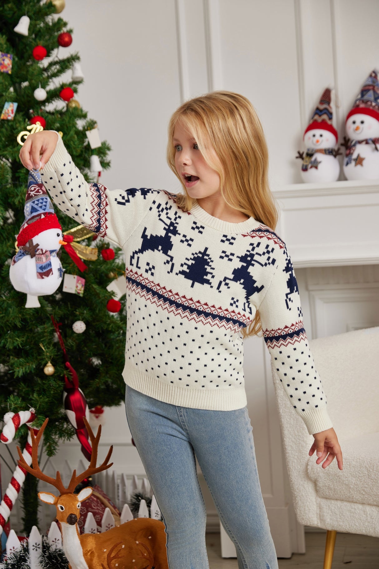 LUBOT 2024 Christmas Sweater for Children White Reindeer