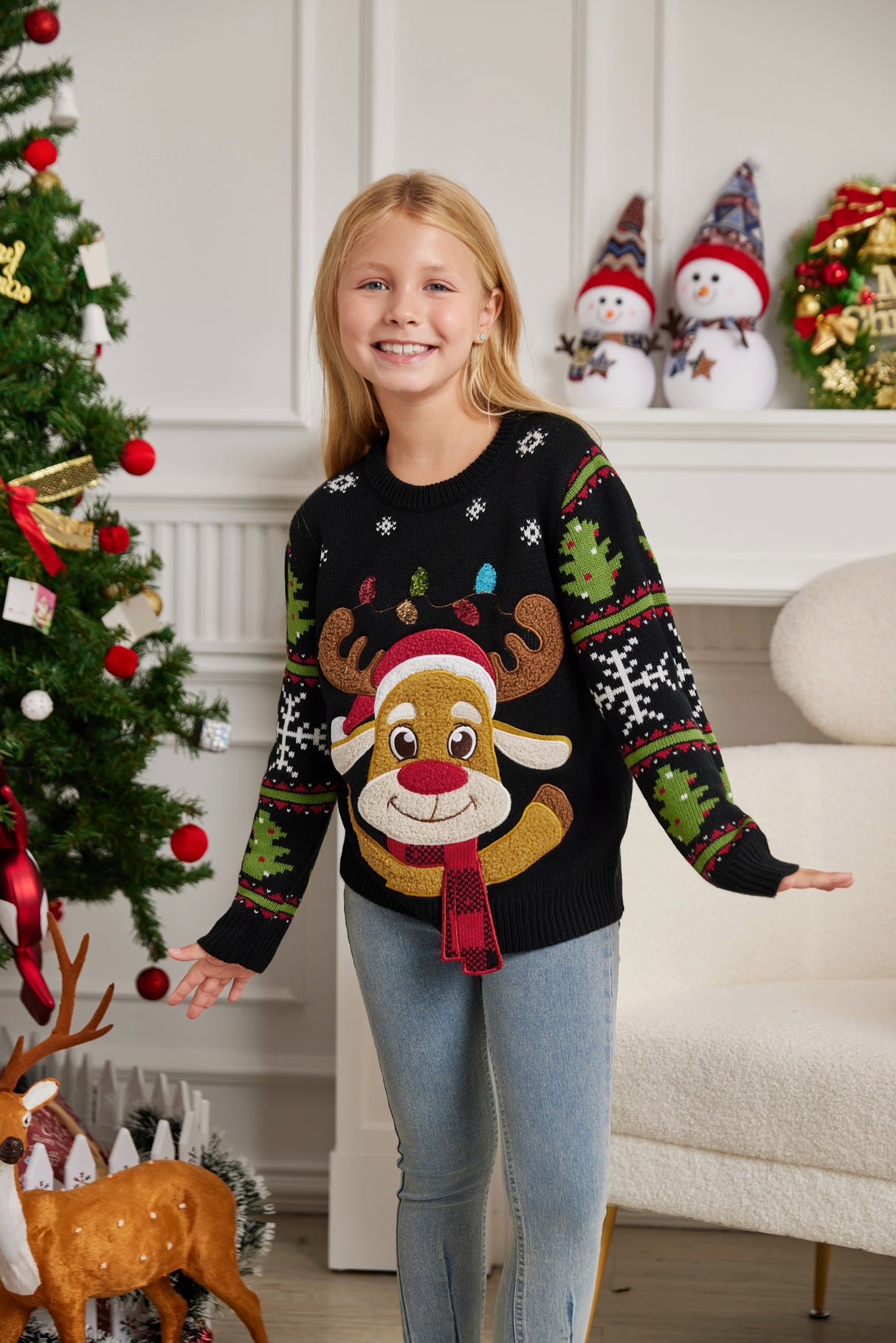 LUBOT 2024 Christmas Sweater for Children Embroidered Deer