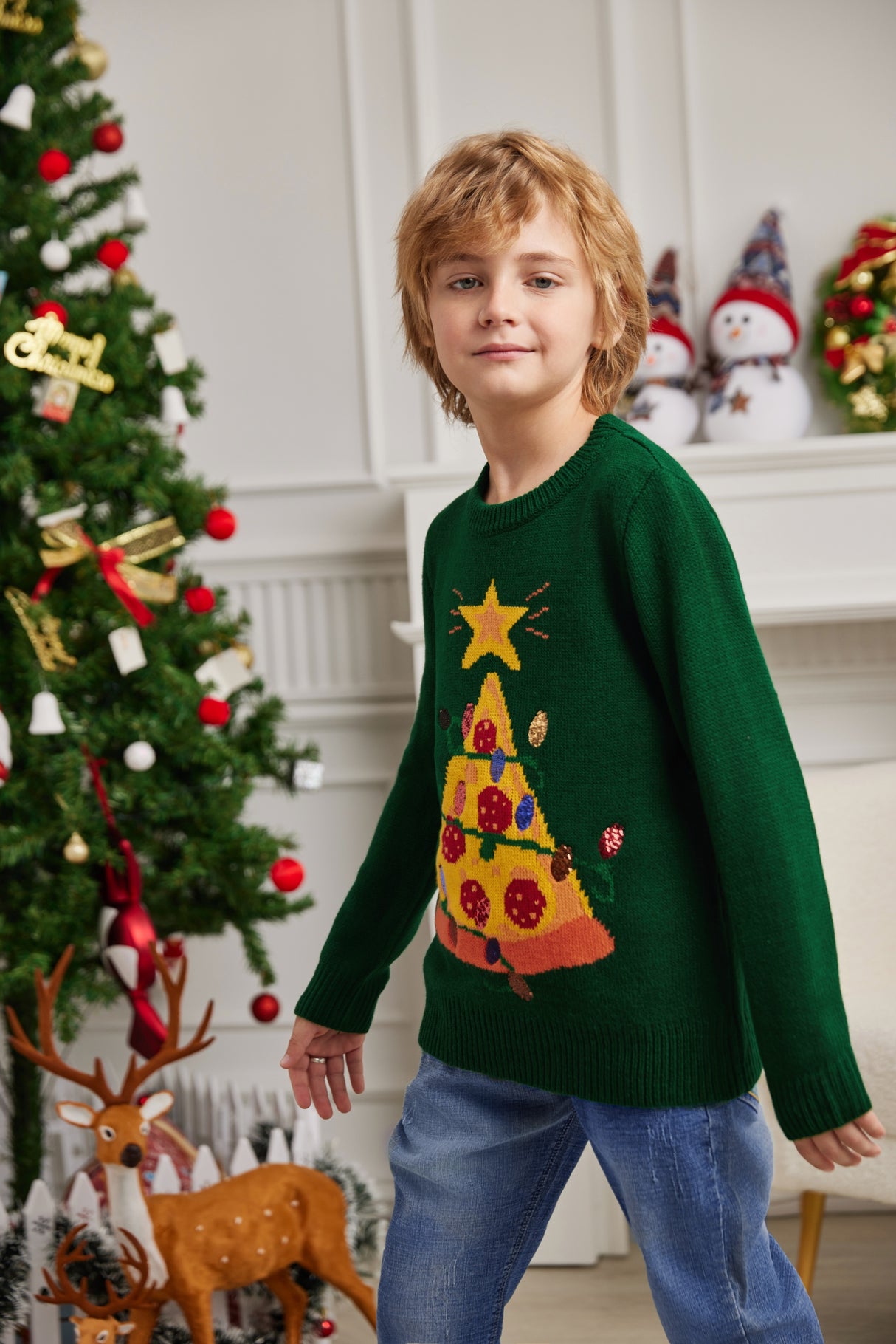 LUBOT 2024 Christmas Sweater for Children Green Pizza