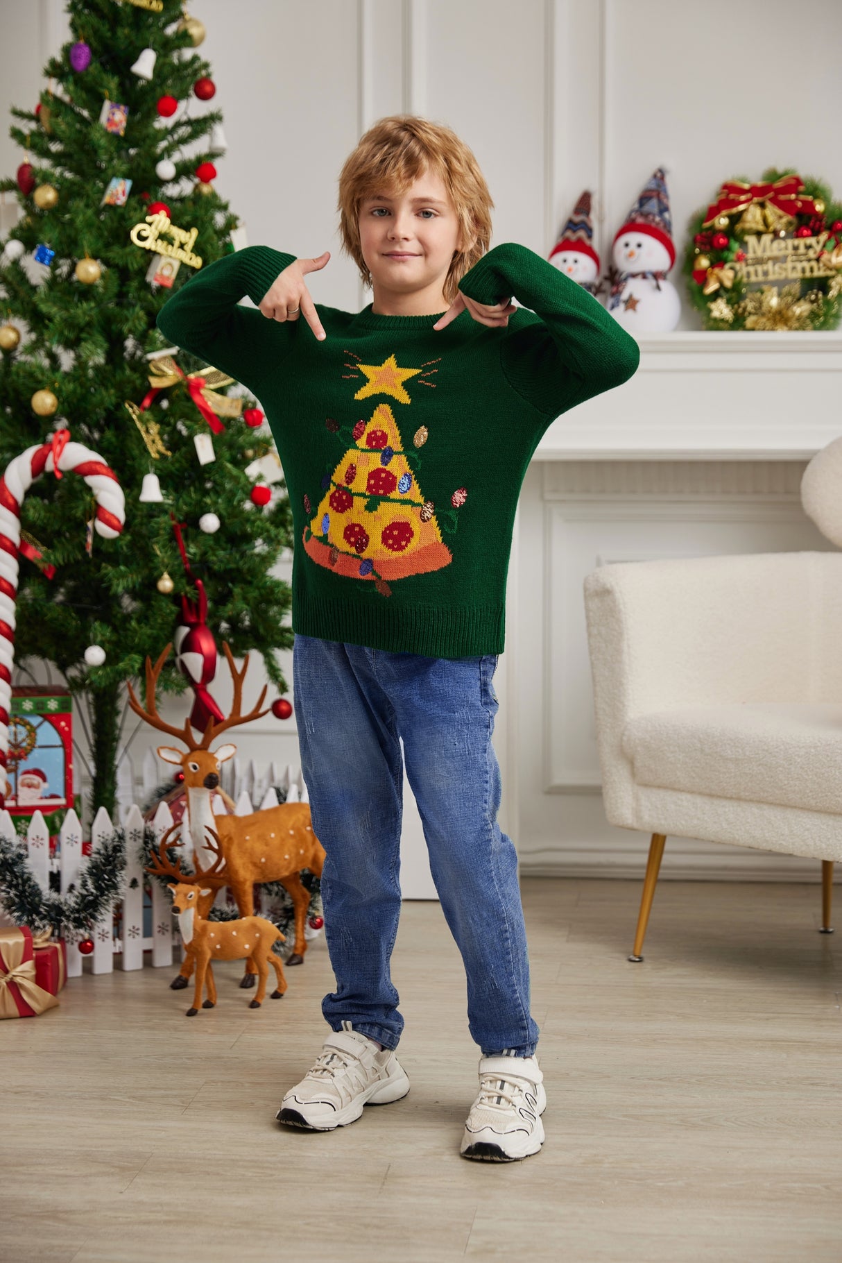 LUBOT 2024 Christmas Sweater for Children Green Pizza