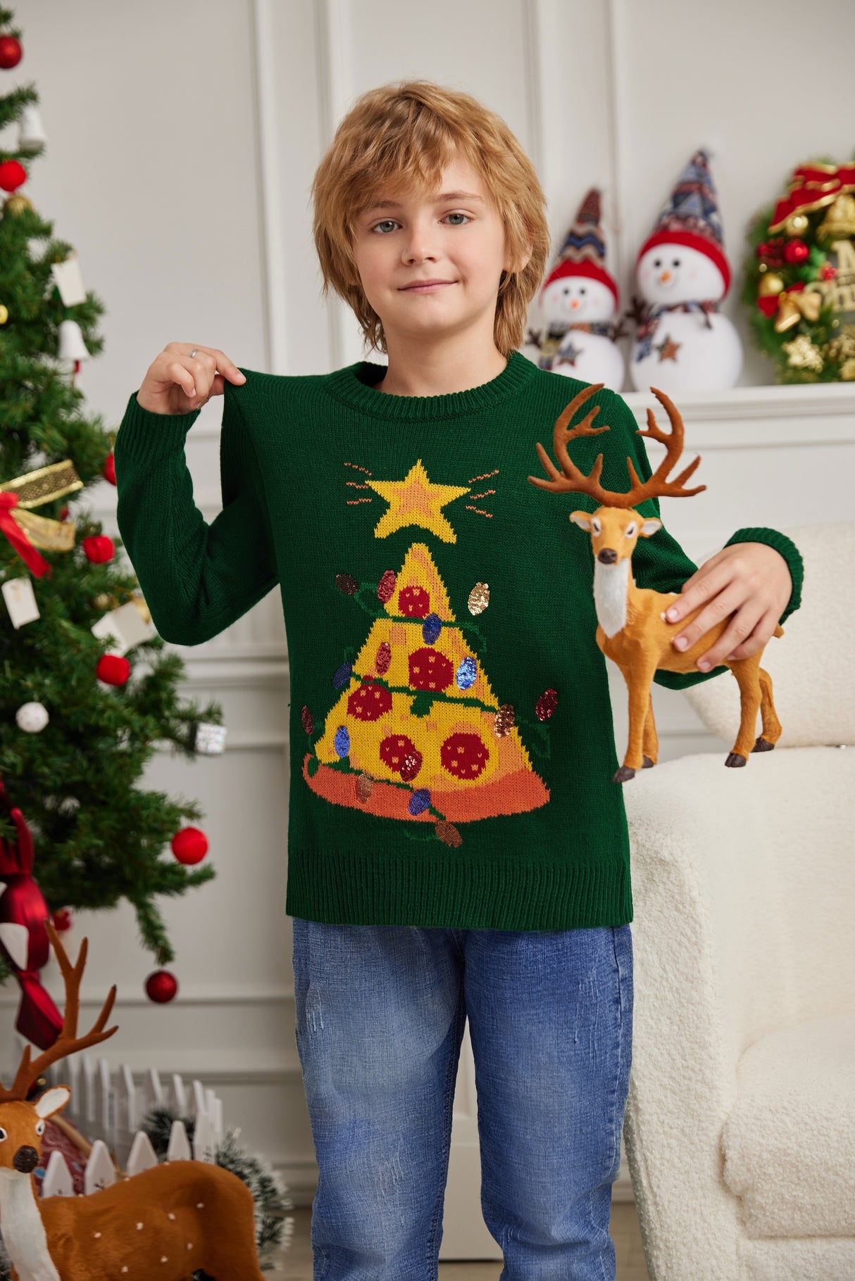 LUBOT 2024 Christmas Sweater for Children Green Pizza