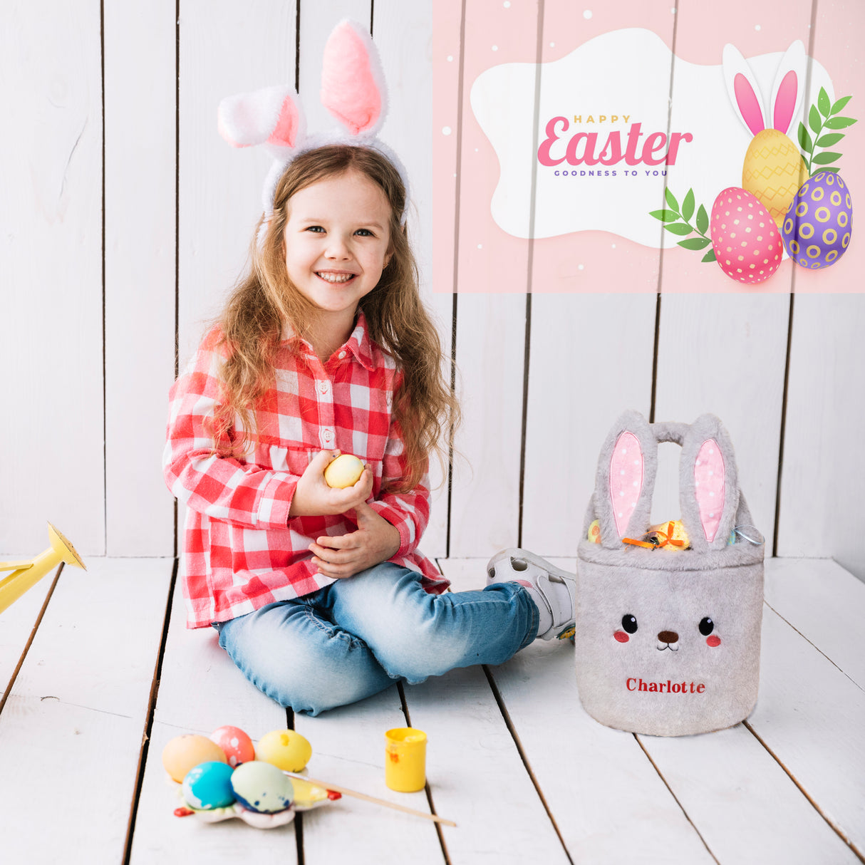 GEX Personalized Easter Bunny Basket Kids Cute Plush Bunny Basket with Name