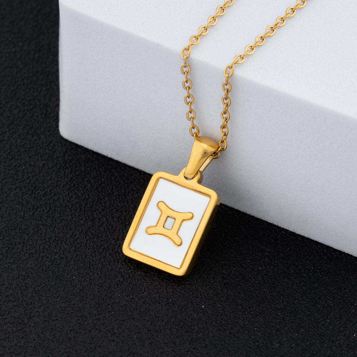 14K Gold Plated Gold 12 Constellation Pendant Necklace White Square - GexWorldwide