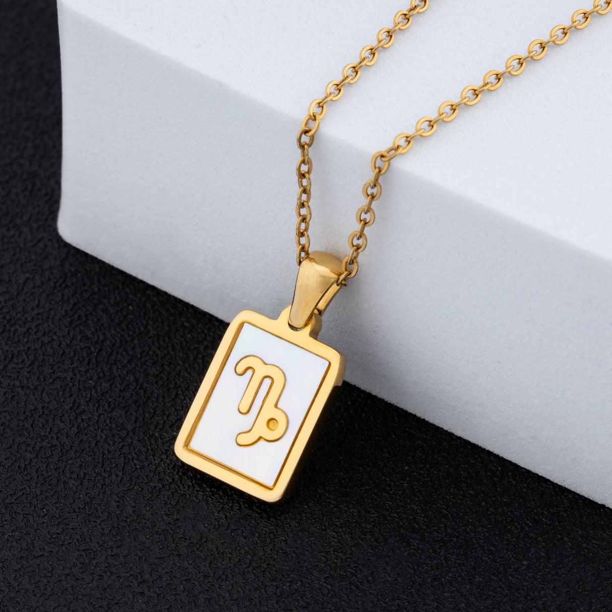 14K Gold Plated Gold 12 Constellation Pendant Necklace White Square - GexWorldwide