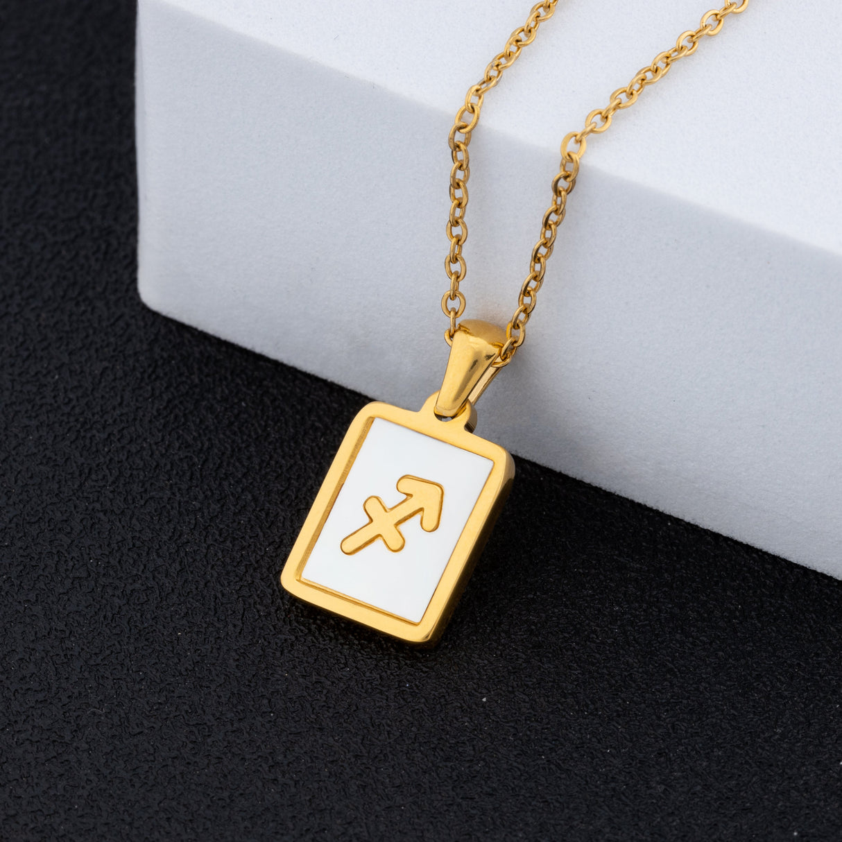 14K Gold Plated Gold 12 Constellation Pendant Necklace White Square - GexWorldwide