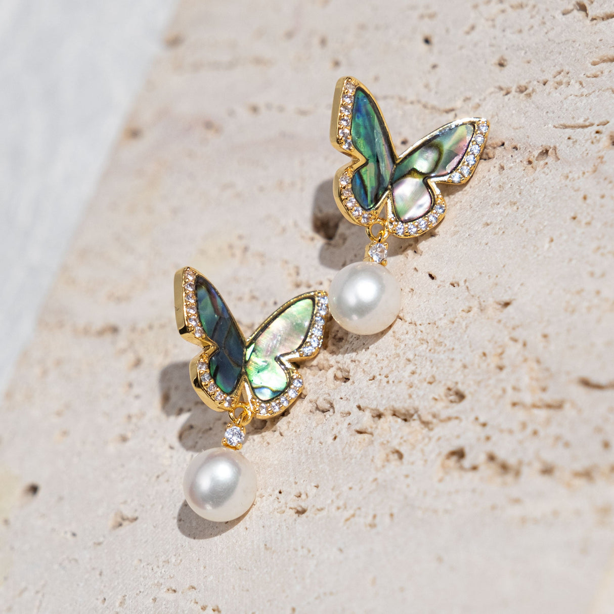 BURLAP LIFE Freshwater Pearl Abalone Shell Earrings Gold Plated 925 Silver (Butterfly) - GexWorldwide
