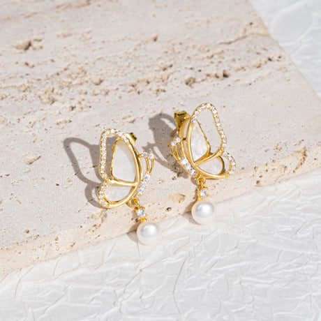 BURLAP LIFE Freshwater Pearl Mother of Pearl Earrings Gold Plated 925 Silver (Butterfly) - GexWorldwide