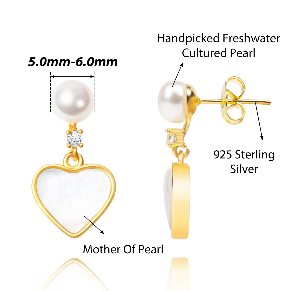 BURLAP LIFE Freshwater Pearl Mother of Pearl Earrings Gold Plated 925 Silver (Heart) - GexWorldwide