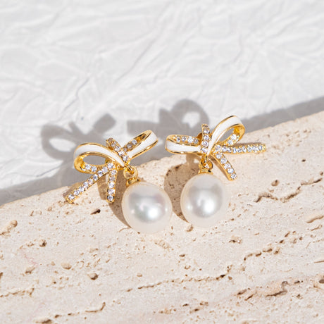 BURLAP LIFE Gold Plated 925 Sterling Silver Freshwater Pearl Earrings Stud (Bow) - GexWorldwide