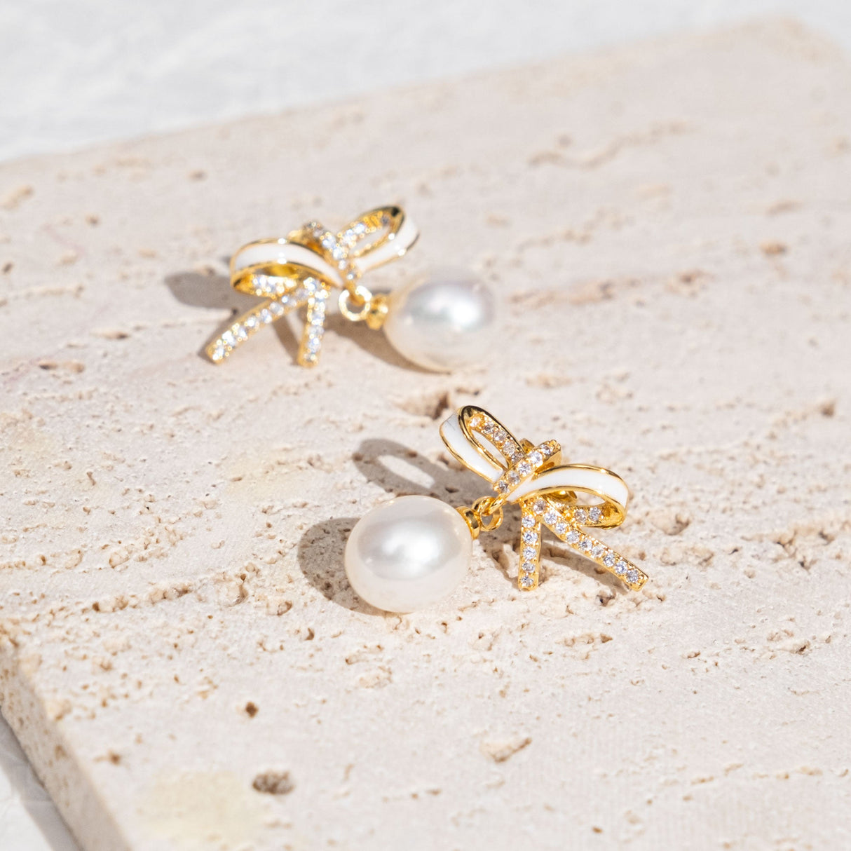 BURLAP LIFE Gold Plated 925 Sterling Silver Freshwater Pearl Earrings Stud (Bow) - GexWorldwide