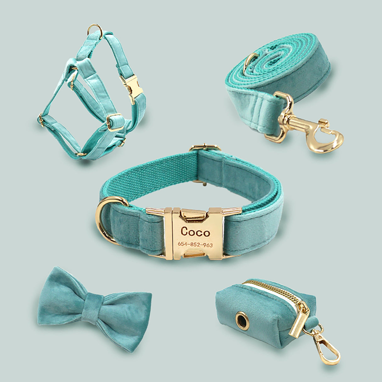 GEX Personalized Velvet Dog Collar and Harness Set with Engraved Dog Name - GexWorldwide