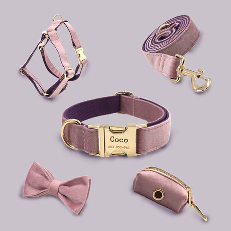 GEX Personalized Velvet Dog Collar and Harness Set with Engraved Dog Name - GexWorldwide