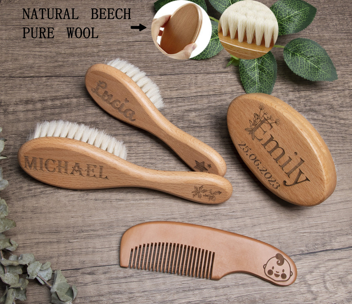 GEX Personalized Wooden Baby Hair Brush Set Engraved for Baby Shower Gift - GexWorldwide