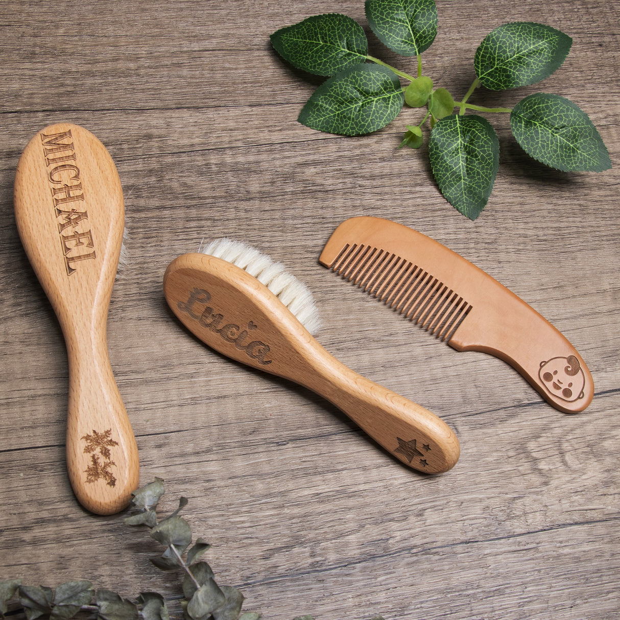 GEX Personalized Wooden Baby Hair Brush Set Engraved for Baby Shower Gift - GexWorldwide