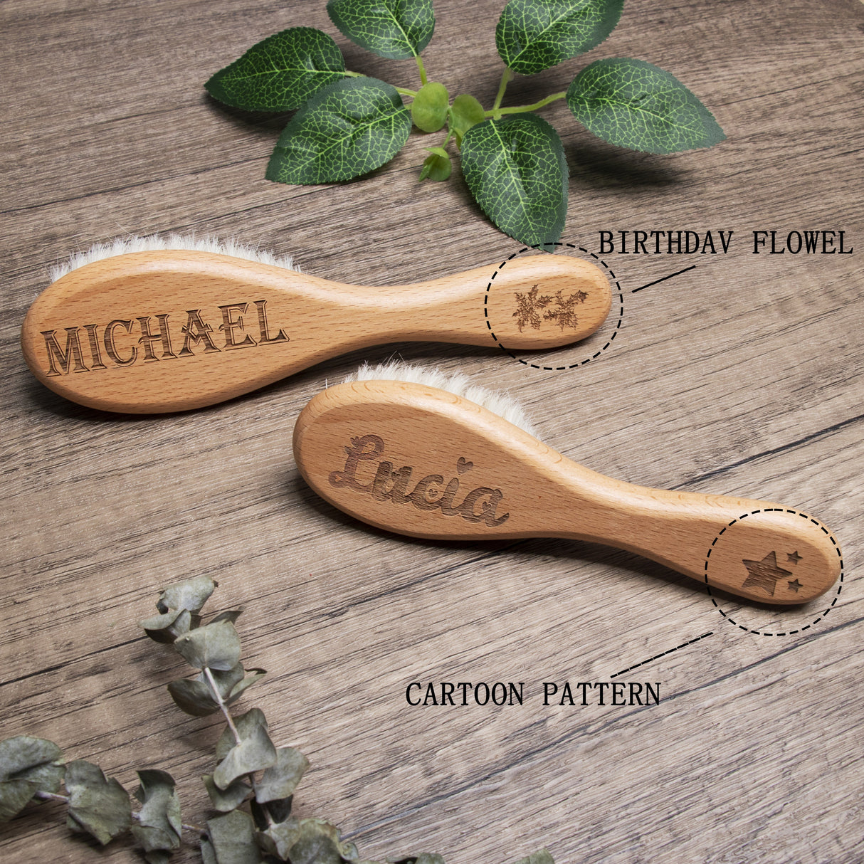 GEX Personalized Wooden Baby Hair Brush Set Engraved for Baby Shower Gift - GexWorldwide