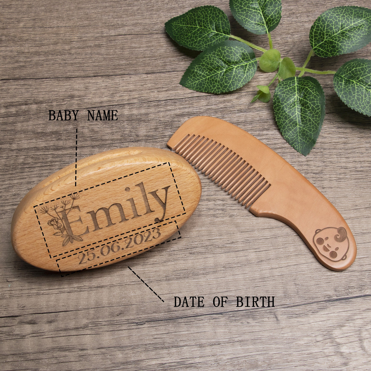 GEX Personalized Wooden Baby Hair Brush Set Engraved for Baby Shower Gift - GexWorldwide