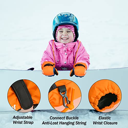 Orange Kids Snow Gloves Waterproof Warm Anti-lost lanyard 3M Thinsulate Glove - GexWorldwide