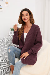 Women's Cardigan Sweater Oversized Cable Chunky Knit Coat Burgundy - GexWorldwide