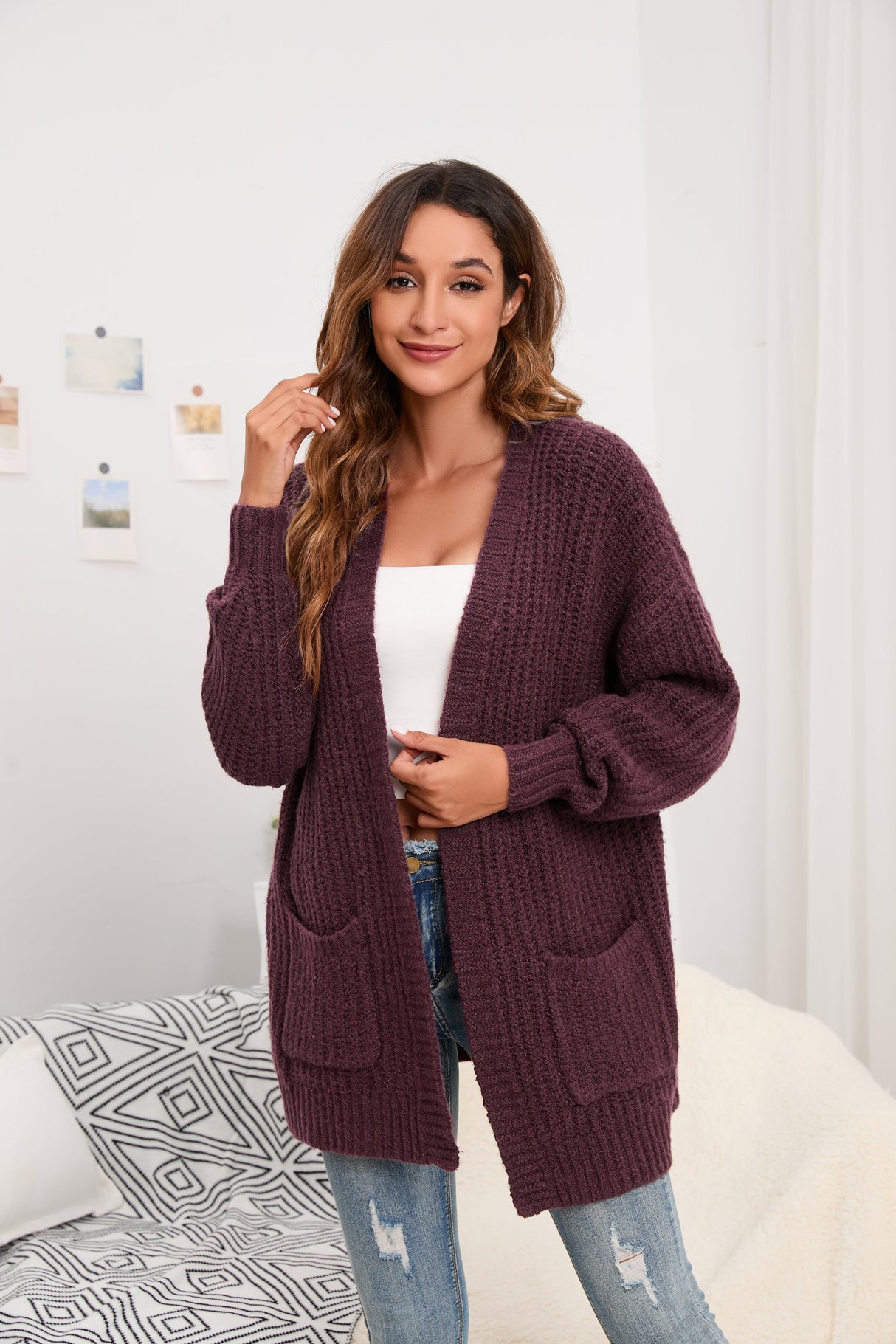 Women's Cardigan Sweater Oversized Cable Chunky Knit Coat Burgundy - GexWorldwide
