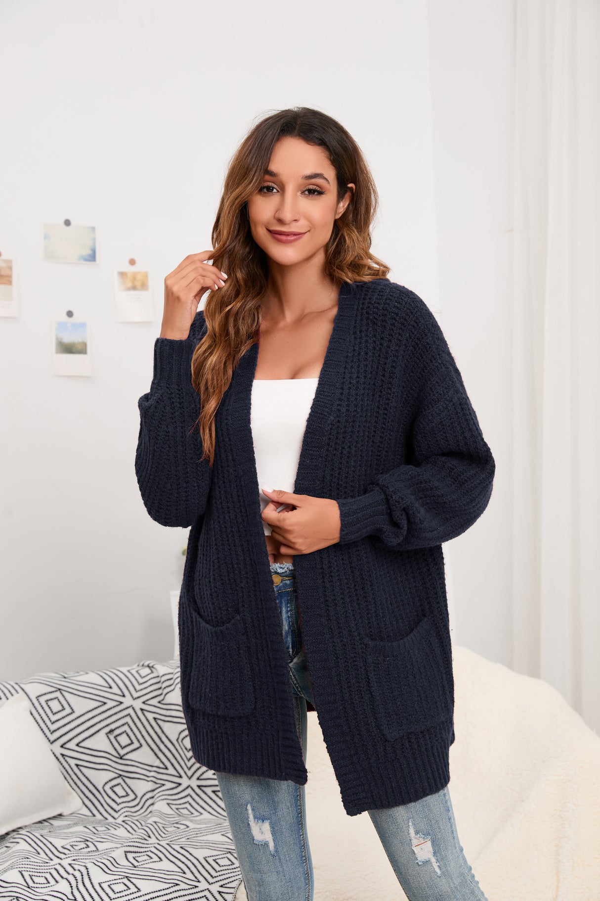 Women's Cardigan Sweater Oversized Cable Chunky Knit Coat Navy Blue - GexWorldwide