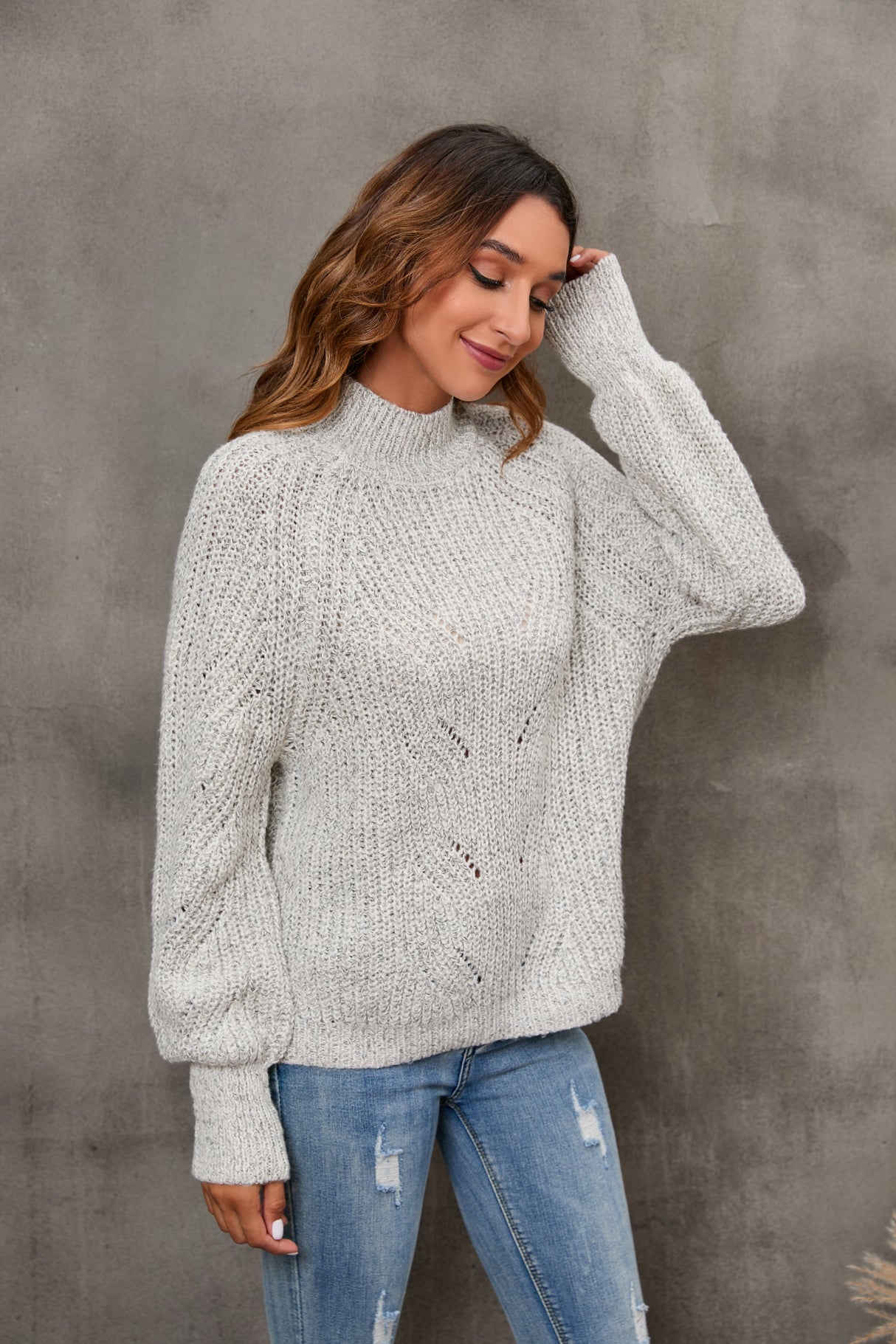 Women's Cotton Mock Neck Pullover Cropped Ribbed Knit Sweater Beige - GexWorldwide