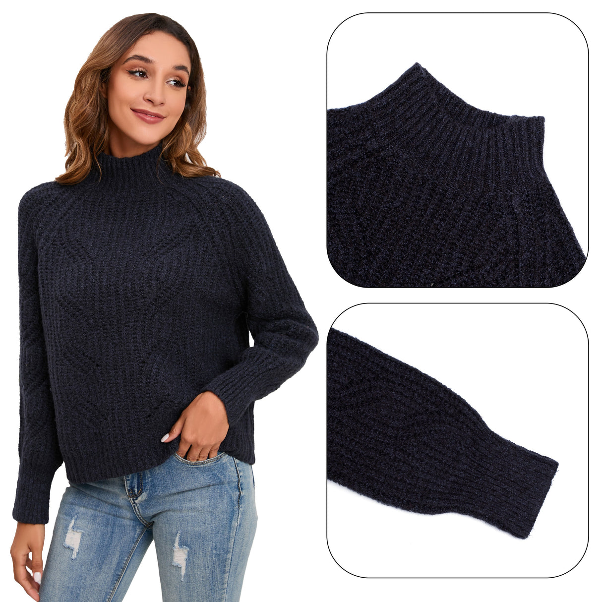Women's Cotton Mock Neck Pullover Cropped Ribbed Knit Sweater Black - GexWorldwide