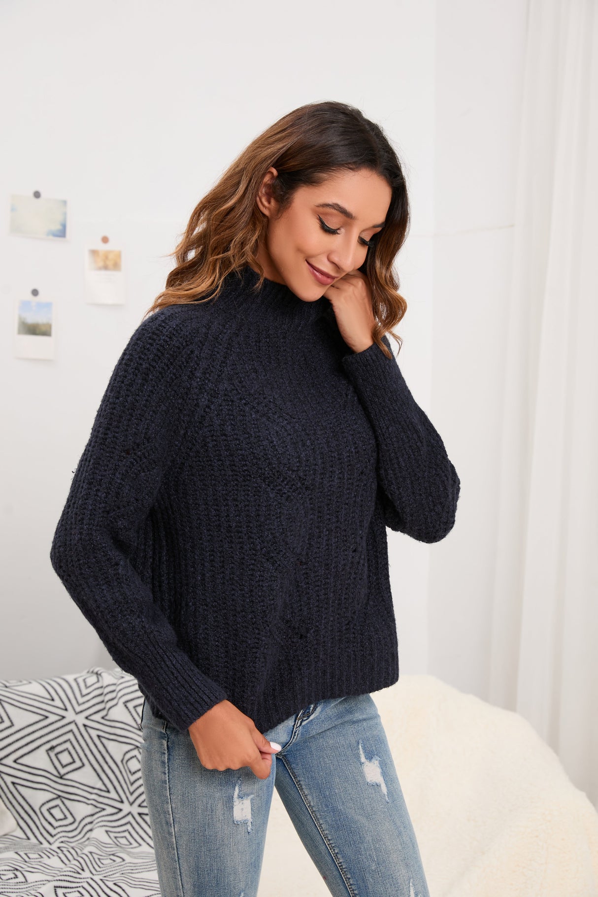 Women's Cotton Mock Neck Pullover Cropped Ribbed Knit Sweater Black - GexWorldwide