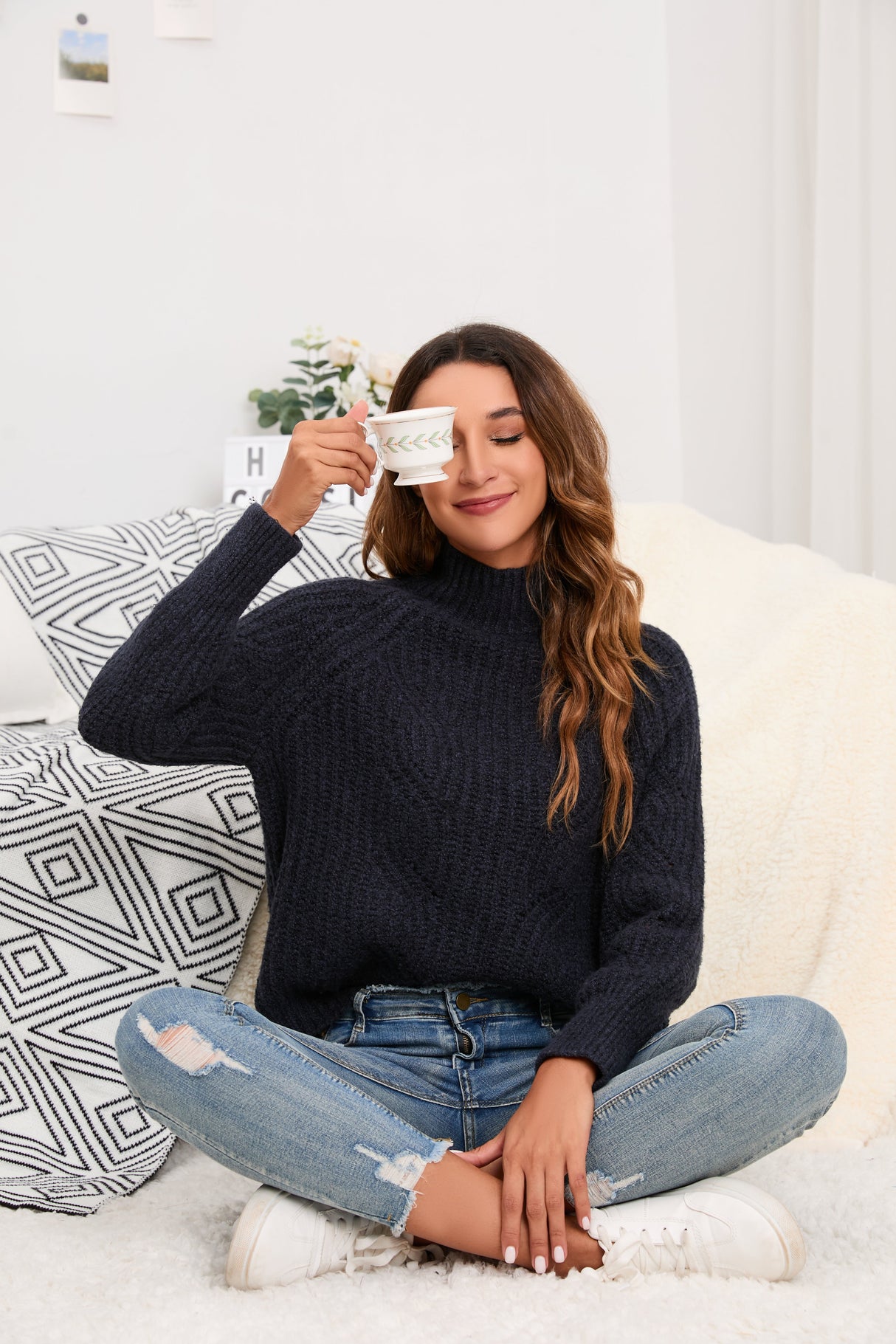 Women's Cotton Mock Neck Pullover Cropped Ribbed Knit Sweater Black - GexWorldwide