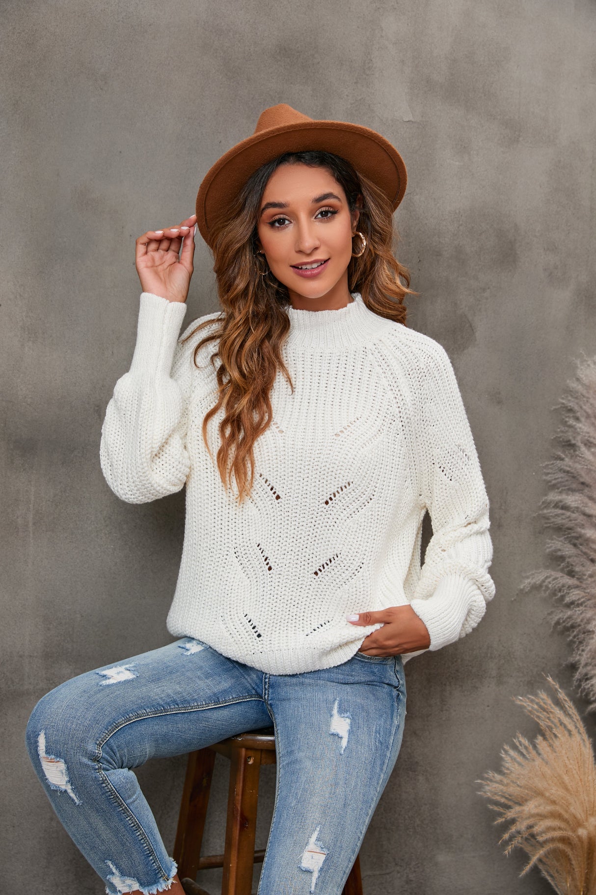Women's Cotton Mock Neck Pullover Cropped Ribbed Knit Sweater White - GexWorldwide