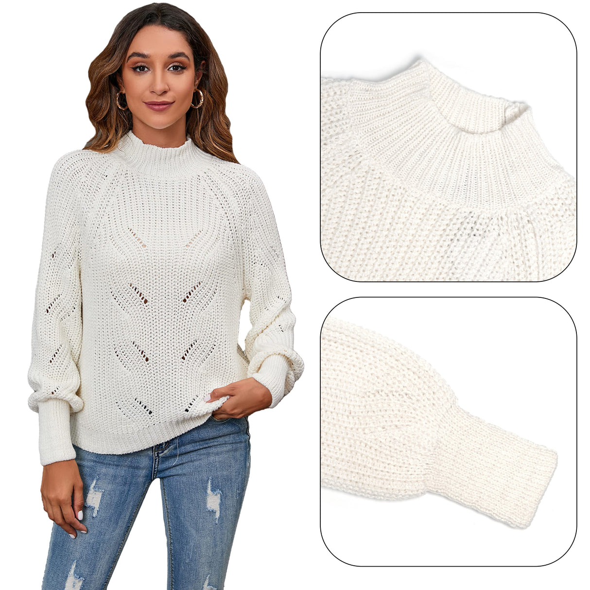 Women's Cotton Mock Neck Pullover Cropped Ribbed Knit Sweater White - GexWorldwide