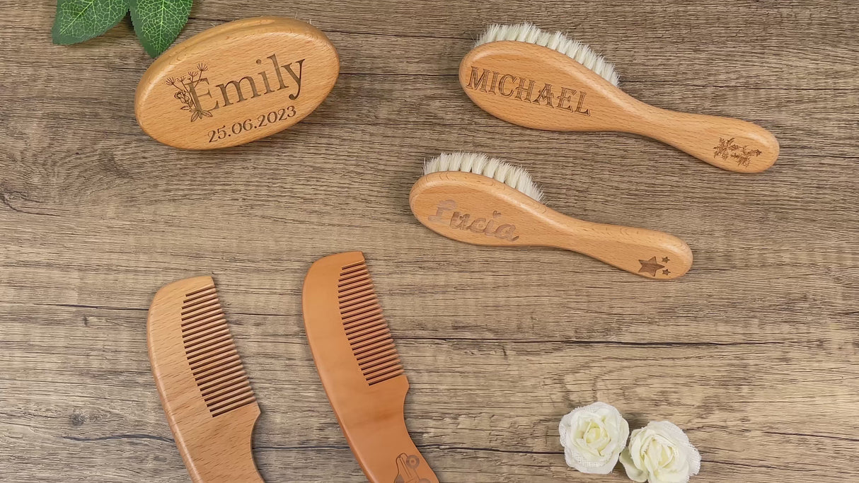 GEX Personalized Wooden Baby Hair Brush Set Engraved for Baby Shower Gift