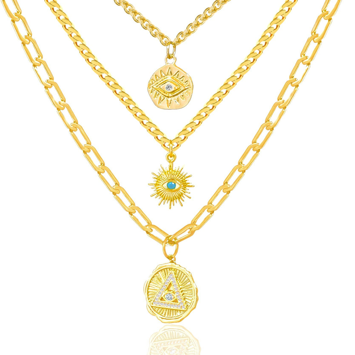 14K Gold Plated Layered Three Evileye - GexWorldwide