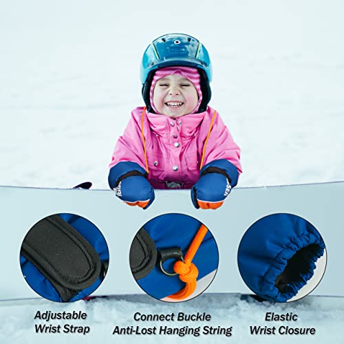 Blue Kids Snow Gloves Waterproof Warm Anti-lost lanyard 3M Thinsulate Glove - GexWorldwide