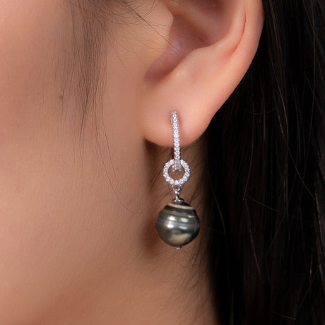 BURLAP LIFE 925 Silver Tahitian Pearl Hinged Hoop Earrings with 2 Circular Cubic Zircon - Detachable Ear Hoops - GexWorldwide