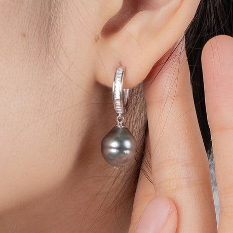 BURLAP LIFE 925 Silver Tahitian Pearl Hinged Hoop Earrings with Cubic Zircon - Advanced Design! - GexWorldwide