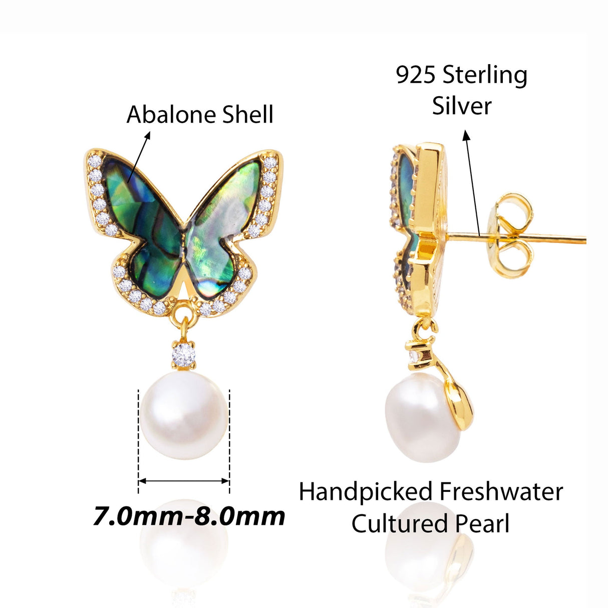 BURLAP LIFE Freshwater Pearl Abalone Shell Earrings Gold Plated 925 Silver (Butterfly) - GexWorldwide