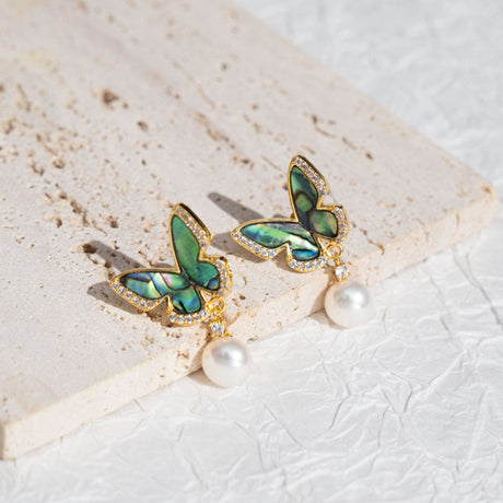 BURLAP LIFE Freshwater Pearl Abalone Shell Earrings Gold Plated 925 Silver (Butterfly) - GexWorldwide