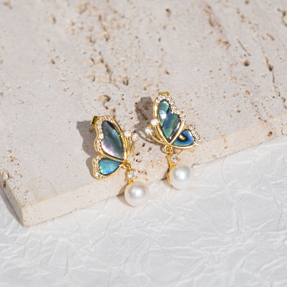 BURLAP LIFE Freshwater Pearl Abalone Shell Earrings Gold Plated 925 Silver (Half Butterfly) - GexWorldwide