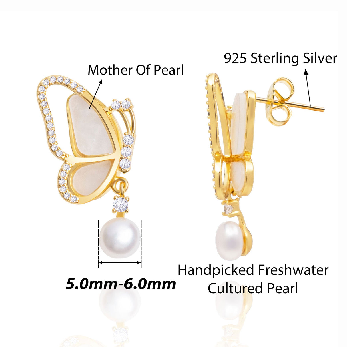 BURLAP LIFE Freshwater Pearl Mother of Pearl Earrings Gold Plated 925 Silver (Butterfly) - GexWorldwide