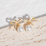 BURLAP LIFE Gold Plated 925 Sterling Silver Freshwater Pearl Earrings Stud (Bow) - GexWorldwide